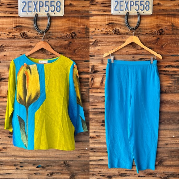 Diane Von Furstenberg Pants - DIANE VON FURSTENBERG | Silk Assets 100% Silk Teal Blue & Lime Tulip 2-Piece Set